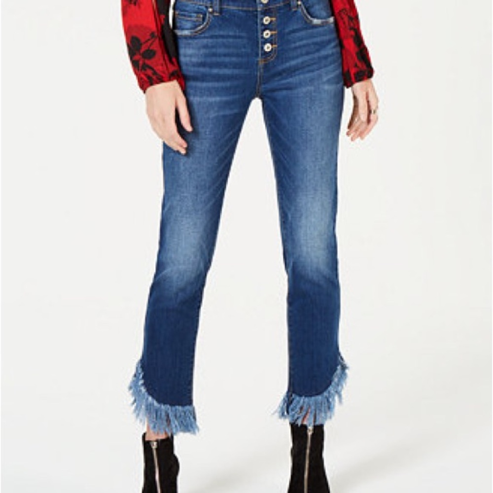 INC Stylish Fringe-Hem Button-Front Straight-Leg Stretchy Jeans
